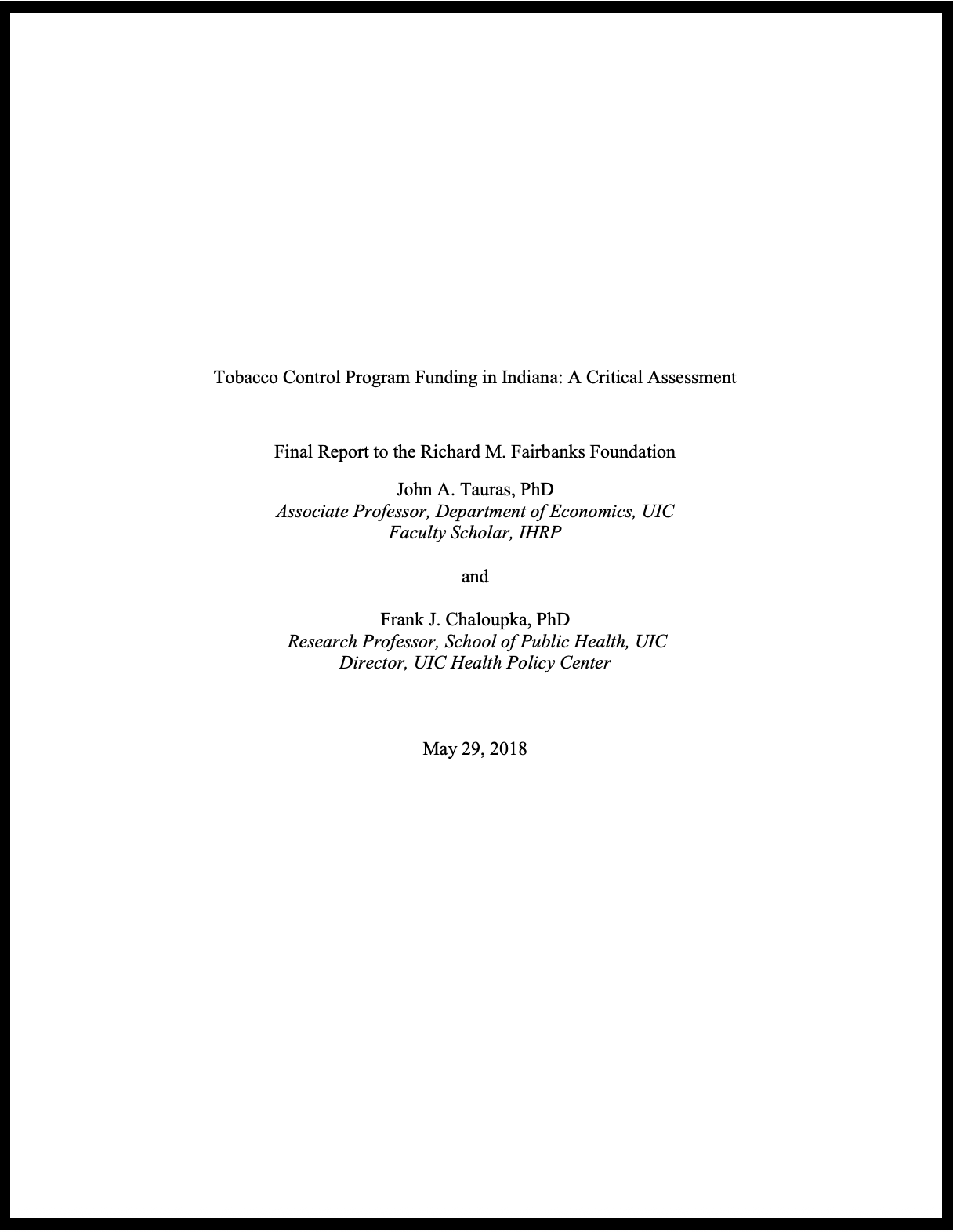 Tobacco Control Program Funding in Indiana