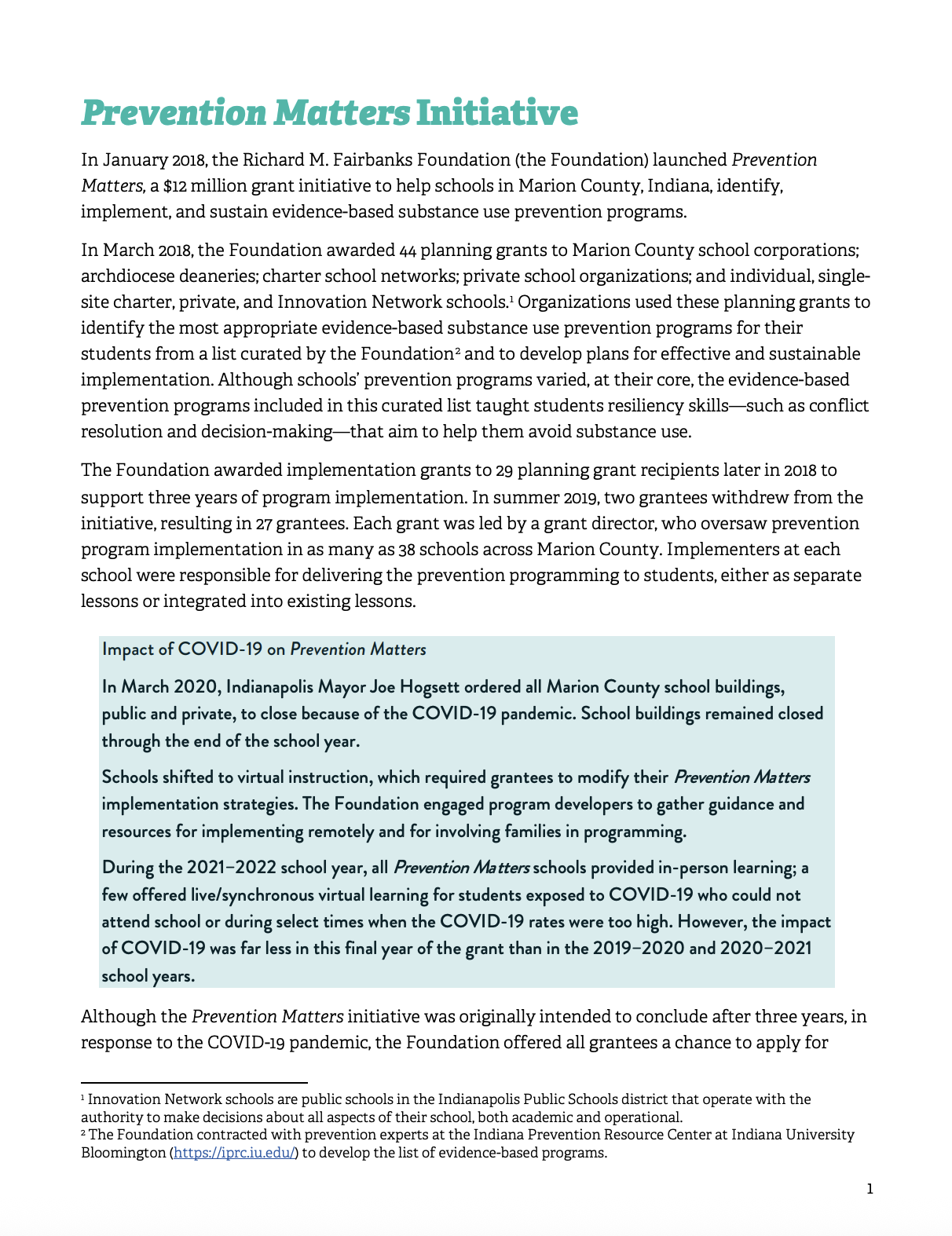 Prevention Matters Final Evaluation Report: Executive Summary