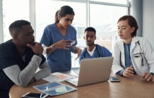 Group of four medical professionals surrounding a laptop